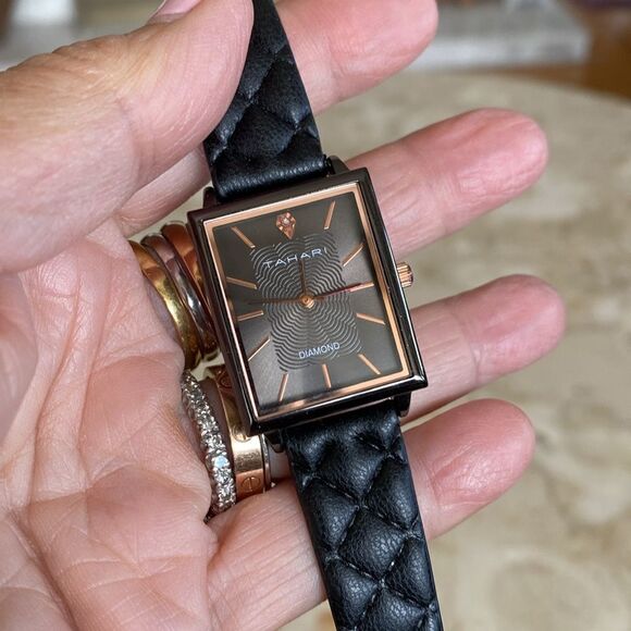 NEW Tahari Diamond Tank Style Quartz Watch Black & Rose Gold Faux Leather Strap - Picture 13 of 13